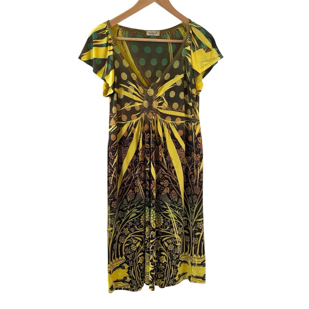 Y2K Womens Babydoll Midi Dress S Fairy Bohemian Artsy Abstract Floral Sequin 70s